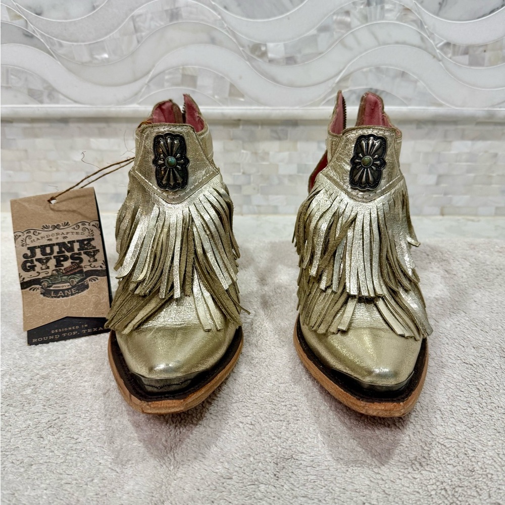 NWT Junk Gypsy Gold Ankle Boots with Fringe Detail